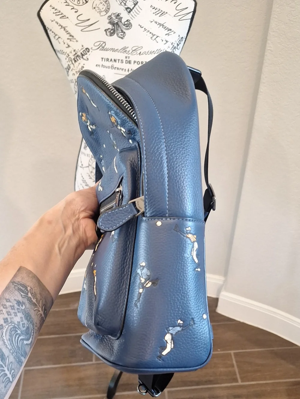 Coach West Backpack With Baseball Print Navy Blue Pebbled Leather Classic